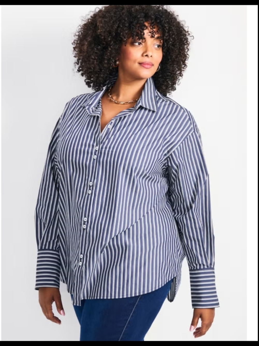 Avenue Navy and White Vertical Stripe Button-Down Shirt Sz 16